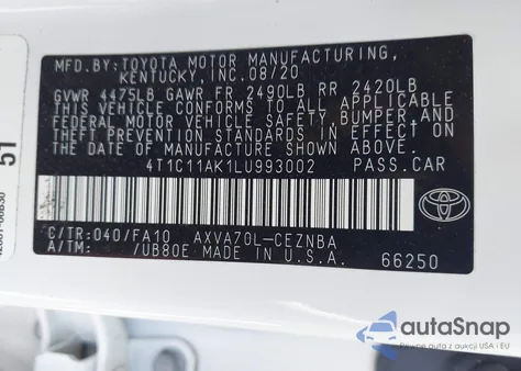 2020 Toyota Camry Le from USA, damaged, VIN 4T1C11AK1LU993002